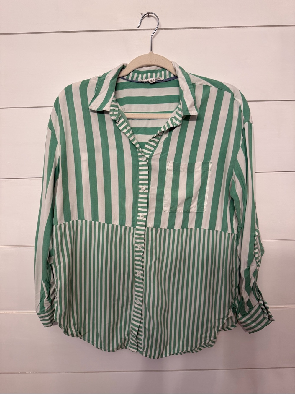 Jane and Delancey Green and White Striped Button-Front Blouse